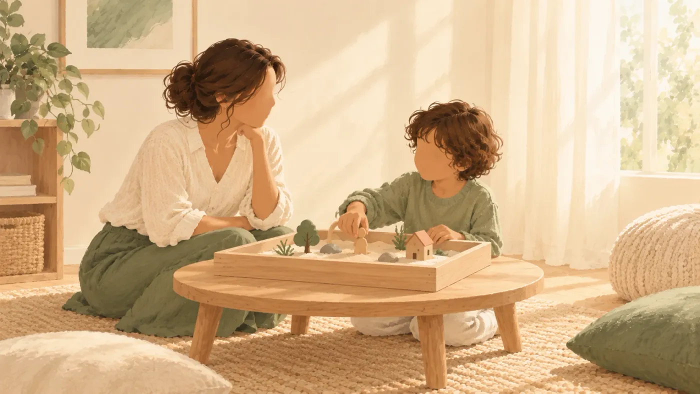Ilustración: una terapeuta y un niño, sentados en el suelo junto a una mesa baja, juegan con una bandeja de arena y figuras de madera.