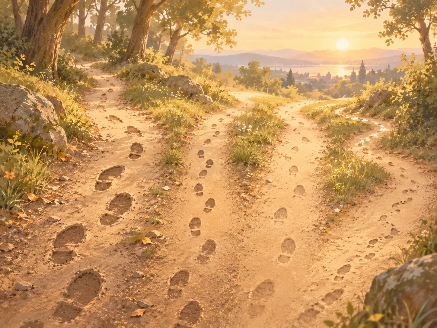 Ilustración: huellas de pisadas que siguen caminos distintos en un sendero, con el mar al fondo al atardecer.